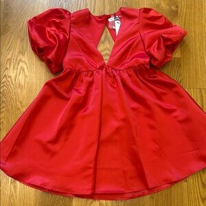 Red Puff Sleeve Plunge Neck Cocktail Sundress